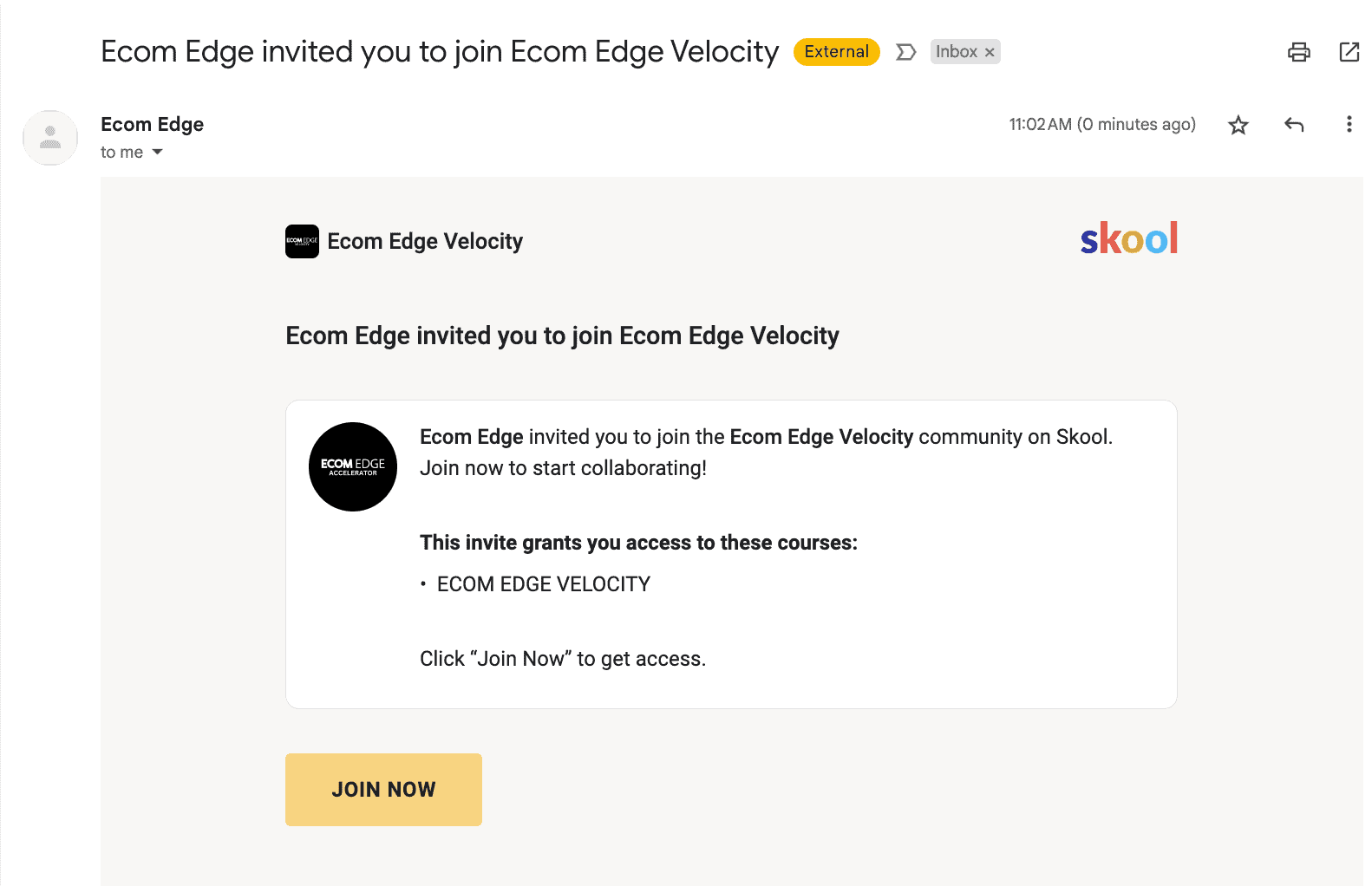 Gmail screenshot showing the Skool invitation email for Ecom Edge Velocity with a JOIN NOW button