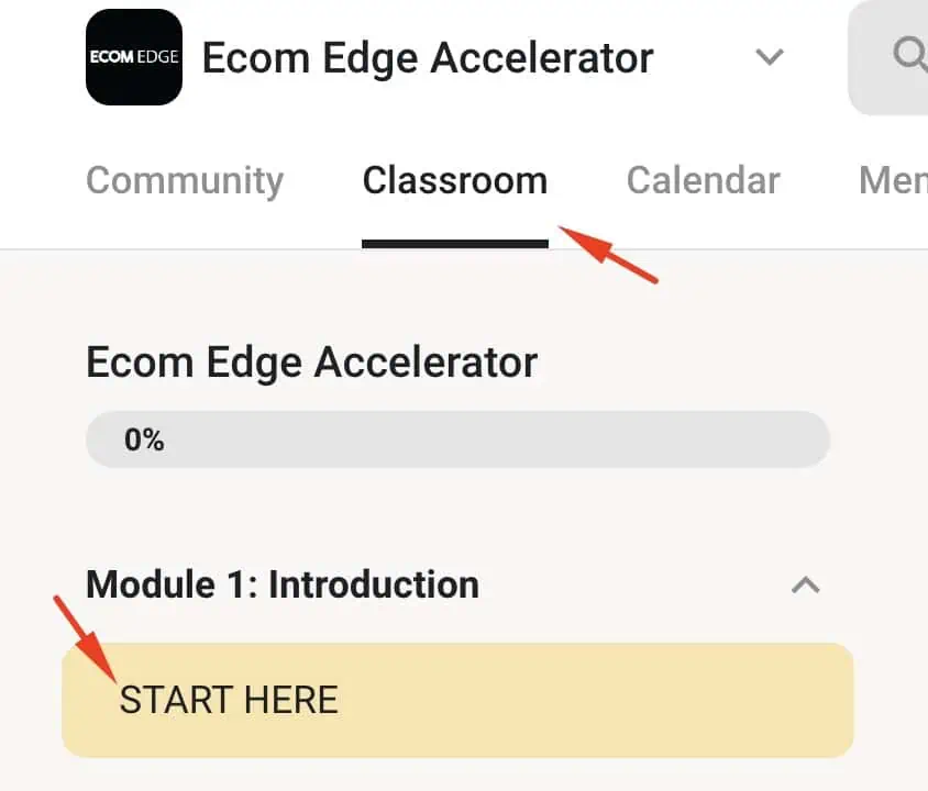 Skool Classroom tab showing Module 1: Introduction with the START HERE lesson highlighted
